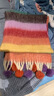 廣月藍多巴胺彩虹條紋兔毛球圍巾女韓版冬天條紋披肩彩色百搭圍脖新 水底藍咖色 37*210cm 曬單實(shí)拍圖