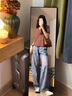 佐敘紅色條紋正肩短袖t恤小個(gè)子女2025新款夏季寬松半袖上衣v領(lǐng)polo衫 紅色 均碼 （125斤以?xún)龋?曬單實(shí)拍圖