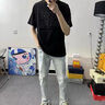 益帛牛仔褲男夏季新款美式復古淺色字母貼布休閑直筒顯瘦修身長(cháng)褲子男 淺藍色 XL 【建議120-135斤】 曬單實(shí)拍圖