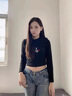 嫻柔2025小圓領(lǐng)打底衫女春秋冬新款緊身露臍高腰辣妹內搭長(cháng)袖T恤上衣 黑色【短款smile】 M 曬單實(shí)拍圖