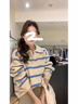 DGOV歐貨小眾藍色條紋poo翻領(lǐng)長(cháng)袖軟糯針織衫毛衣女秋季慵懶套頭上衣 條紋zt M 建議95-105斤 曬單實(shí)拍圖