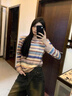 彩虹條紋長(cháng)袖t恤女春秋冬新款內搭可外穿小個(gè)子套頭正肩顯瘦上衣 條紋 S 曬單實(shí)拍圖