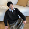 MMOPTOP韓版假兩件毛衣秋冬季男士條紋翻領(lǐng)寬松休閑針織衫MMY14黑色L 曬單實(shí)拍圖