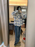 DXOT復古格子襯衫外套女秋季正肩小個(gè)子寬松休閑防曬港風(fēng)復古chic上衣 淺藍格子 M 曬單實(shí)拍圖