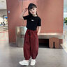 拙拙豬女童洋氣短袖運(yùn)動套裝2025新款夏季兒童秋裝女孩大童時(shí)髦女裝衣服 黑色【黑T恤+酒紅褲】 130 碼適合身高115-125厘米 曬單實(shí)拍圖