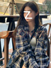 心楠冪式穿搭格子襯衫女慵懶風(fēng)復古寬松襯衣開(kāi)衫外套防曬上衣薄款春秋 藏青色格子襯衫【適合120斤以?xún)取?曬單實(shí)拍圖
