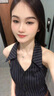 凱安尼（KAIANNI）無袖v領掛脖條紋連衣裙女夏季腰帶百褶裙短裙排扣a字裙子 藏藍色+腰帶 S 曬單實拍圖