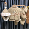 寶寶衣服6-12個(gè)月秋冬分體男童秋冬季套裝2023新款兒童洋氣寶寶加絨加厚保暖兩件套網(wǎng)紅套裝02 卡其 帽子手套+上衣褲子,四件 100 建議身高90cm左右 曬單實(shí)拍圖