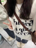 衣然呈品圓領(lǐng)毛衣男女情侶裝秋冬季2024新款寬松百搭字母印花休閑針織衫男 白色 L【建議110-130斤】 曬單實拍圖