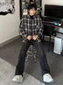 雄俑黑白格子長(cháng)袖襯衫男感痞帥ootd穿搭美式復古cleanfit格紋外套 黑色 XL 曬單實(shí)拍圖