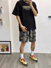 衣然呈品美式復古迷彩牛仔短褲男高街多口袋直筒工裝潮牌寬松五分褲子男褲 迷彩色 L【建議120-135斤】 曬單實(shí)拍圖