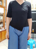 羅蒙（ROMON）不規(guī)則正肩短袖t恤女夏季修身設計感小眾交叉V領(lǐng)短款打底上衣 黑色 L -105-115斤 曬單實拍圖