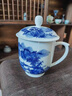 洛湘景德鎮蓋杯純手繪青花瓷茶水杯家用陶瓷泡茶杯中式老板杯高端送禮 高山流水帶托辦公杯 曬單實(shí)拍圖