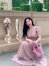 DPLAY2025年夏季新款粉色連衣裙女長(cháng)款吊帶裙短袖仙女裙度假沙灘裙夏款 煙雨灰粉 S 曬單實(shí)拍圖