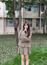 舒芳蝶（shufangdie）連衣裙女學(xué)院風(fēng)藝術(shù)系女孩棕色千鳥(niǎo)格西裝外套+百褶裙子兩件套裝  外套+裙子 M 曬單實(shí)拍圖