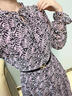 顏域優(yōu)雅印花法式連衣裙女秋2024新款復古通勤中長款長袖系帶裙子 紫花 L/40 曬單實拍圖