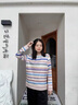 彩虹條紋長袖t恤女春秋冬新款內搭可外穿小個子套頭正肩顯瘦上衣 條紋 L 曬單實拍圖