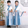 奧蒙威新款古裝兒童漢服國學(xué)服男女童詩(shī)朗誦幼兒國書(shū)童舞臺演出服KJ-9 KJ-9湖藍拼接廣袖 140 曬單實(shí)拍圖