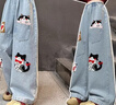 女童牛仔褲春秋新款中大童卡通貓咪刺繡牛仔褲兒童直筒寬松闊腿褲 毛巾繡牛仔褲 130 cm建議身高120-130 曬單實(shí)拍圖