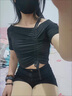 FSHE短款綁帶抽繩t恤女緊身短袖女露肩性感打底衫設計感一字肩上衣T恤 黑色【收藏優(yōu)先發(fā)貨】 S 70-90斤 曬單實(shí)拍圖
