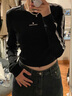 初秋美式黑色甜辣妹長(cháng)袖修身t恤女春秋季內搭打底衫短款緊身上衣 黑色 S 曬單實(shí)拍圖