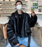 杭潮社黑色墊肩短款油蠟皮衣夾克歐美高街hiphop外套男生酷帥穿搭冬套裝 黑色三件套 XL 曬單實(shí)拍圖