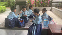 奧蒙威兒童古裝漢服國學(xué)服朗誦合唱表演男女中國風(fēng)服小學(xué)生演出服BY05 99-2藍色大袖 160 曬單實(shí)拍圖
