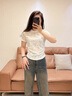 BADINA芭蒂娜圓領(lǐng)短袖提花T恤女2024夏季新款金屬標(biāo)抽褶短款上衣 米白 S 曬單實(shí)拍圖