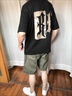 聲猴夏天套裝男士短袖純棉T恤寬松百搭潮流衣服痞帥休閑短褲兩件套潮 黑色+綠色短褲【二件套】 XL 曬單實拍圖