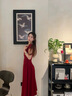 GARNUO紅色小飛袖吊帶連衣裙子女夏季法式訂婚禮服敬酒服紅裙子收腰長裙 紅色 XS【80-100斤】 曬單實拍圖