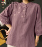 啄木鳥(niǎo)夏季新款文藝復古純色棉麻半袖上衣寬松百搭民族風(fēng)圓領(lǐng)遮肉襯衣潮 淺紫色 2XL （建議135-150斤） 曬單實(shí)拍圖