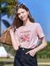 百圖betu女裝2025夏季新款T恤圓領(lǐng)精致印花繡珠點(diǎn)綴棉感短袖女2503T31 粉紅 M 曬單實(shí)拍圖