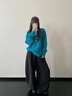 浪莎毛衣女2025秋冬新款湖藍色深V領(lǐng)針織衫氛圍感穿搭寬松慵懶風(fēng)上衣 湖藍色 S 曬單實(shí)拍圖