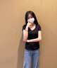 雅鹿雙v領(lǐng)短袖t恤女夏季新款棉質(zhì)低領(lǐng)露背修身顯瘦正肩打底半袖上衣 黑色 L 曬單實(shí)拍圖