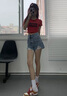 紅蜻蜓破洞牛仔短褲女2025年夏季新款女裝跨腳毛邊高腰顯瘦辣妹女士熱褲 復(fù)古藍(lán) L 曬單實(shí)拍圖