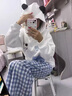 棉致美式假兩件貓咪刺繡連帽衛衣女春秋季新款寬松慵懶風(fēng)長(cháng)袖上衣外套 4857白色【高品質(zhì)】 L 105-120斤 曬單實(shí)拍圖