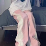EPET美式街頭牛仔褲女潮牌設(shè)計(jì)感拼色寬松顯瘦闊腿褲高腰直筒拖地褲子 粉紅色  M 曬單實(shí)拍圖