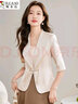 啄木鳥(niǎo)新中式國風(fēng)中袖西裝外套女夏季薄款感休閑小個(gè)子盤(pán)扣西服上衣 香檳色西裝單件 M 90-斤 曬單實(shí)拍圖