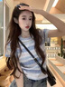LDBE漸變條紋正肩短袖t恤女夏季美式復古2026新款設計感小眾短款上衣 藍色 S 曬單實(shí)拍圖