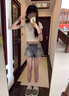 慕瑤雨美式高街辣妹水洗藍(lán)色牛仔短褲女小個(gè)子夏季做舊熱褲彈力a字短褲 水洗藍(lán) XS 85斤以下 曬單實(shí)拍圖