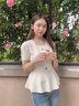 YINER音兒專選女裝夏季復古法式方領(lǐng)氣質(zhì)桃粉色針織衫套頭上衣 淺杏 M 曬單實拍圖
