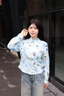 熙然【純棉印花襯衣】新款捏褶收腰襯衫女休閑個(gè)性幾何圖案百搭上衣女 藍底幾何花 L 曬單實(shí)拍圖