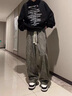 港蒂灣扎染燈芯絨褲子男春秋款直筒寬松闊腿加絨長褲美式休閑褲臟臟褲 綠色 XL-130至145斤可穿 曬單實拍圖