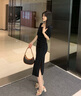 麥檬MM商場同款2023新款秋方領五分袖抽褶顯瘦連衣裙女5E7293331 黑色 S 曬單實拍圖