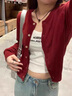 DAVEY MODE紅色針織開衫早初秋女裝新款2025外搭短款毛衣外套長袖上衣打底衫 紅色開衫【zt】 M 建議95-105斤 曬單實拍圖