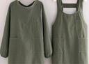 茶光（CHAGUANG）純棉長(cháng)袖棉麻輕薄圍裙短款罩衣廚房做飯透氣純色簡(jiǎn)約工作定制上班 長(cháng)袖棉皺布三兜墨綠+背帶 曬單實(shí)拍圖