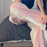 EPET美式街頭牛仔褲女潮牌設(shè)計(jì)感拼色寬松顯瘦闊腿褲高腰直筒拖地褲子 粉紅色  S 曬單實(shí)拍圖