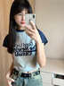 江南先生美式植絨印花長(cháng)短款插肩袖情侶裝短袖t恤男夏季辣妹風(fēng)tee 花灰色短款（彈力面料） S 曬單實(shí)拍圖