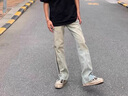 柏銘臣牛仔褲男側(cè)拉鏈高街美式復(fù)古水洗做舊長褲設(shè)計(jì)感寬松直筒褲子男 黃泥色 L【建議105-120斤】 曬單實(shí)拍圖