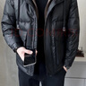 皮爾卡丹（pierre cardin）2024連帽皮羽絨服男士短款假兩件保暖加厚PU皮衣外套新款冬季 黑色 XL 曬單實拍圖